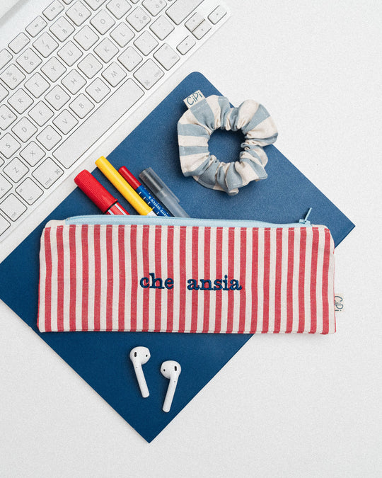 righe piccole rosse - ricamo blu