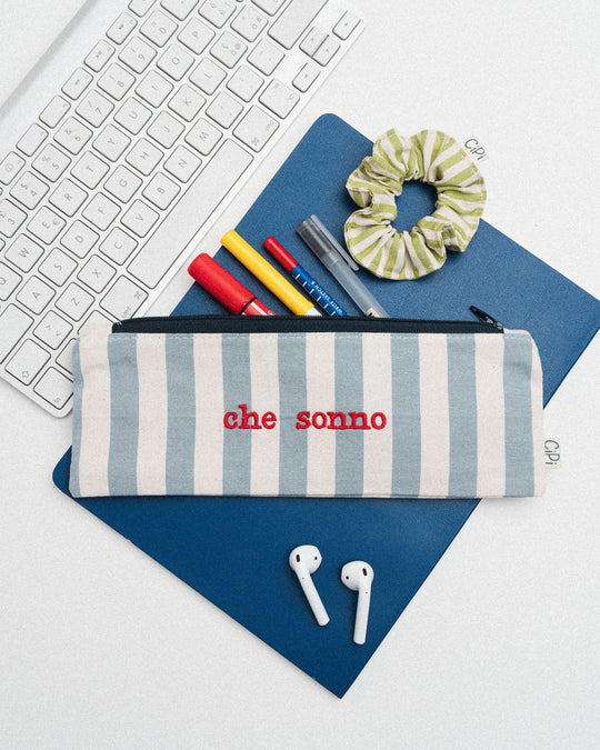 righe grandi azzurre - ricamo rosso