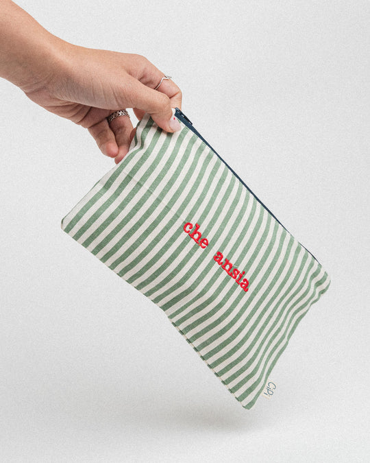 righe piccole verde salvia - ricamo rosso