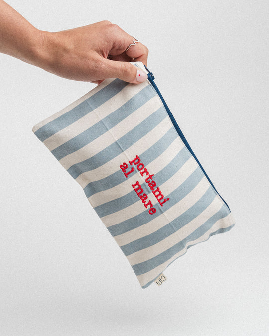 righe grandi azzurre - ricamo rosso