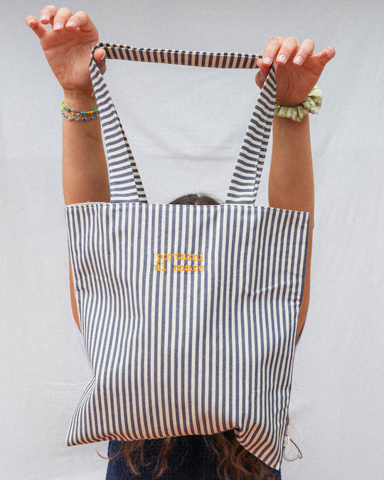 righe piccole blu - ricamo giallo