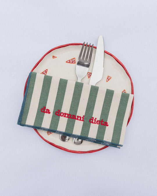 righe grandi verde salvia - ricamo rosso