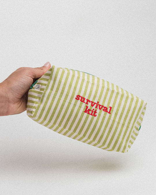 righe piccole verde chiaro - ricamo rosso