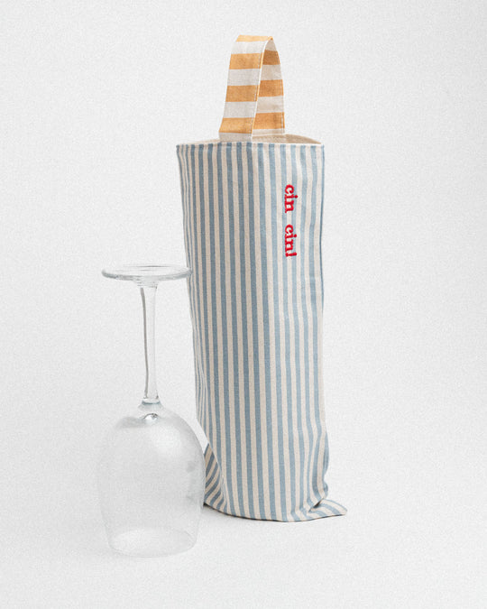 righe piccole azzurre - manico giallo - ricamo rosso