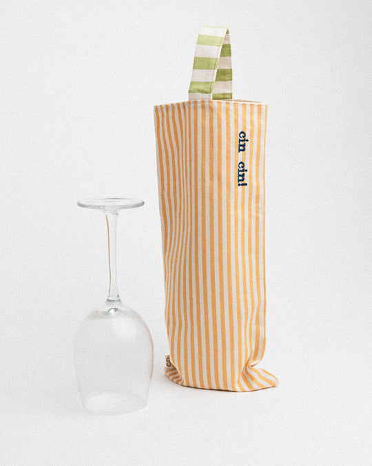 righe piccole gialle - manico verde - ricamo blu