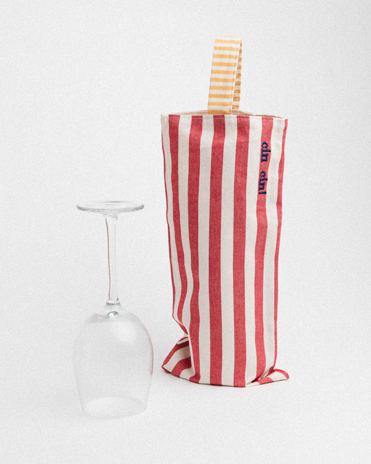 righe grandi rosse - manico giallo - ricamo blu