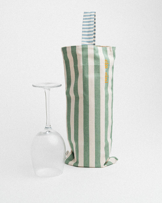 righe grandi verde salvia - manico jeans - ricamo giallo