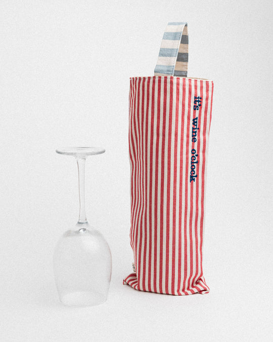 righe piccole rosse - manico azzurro - ricamo blu