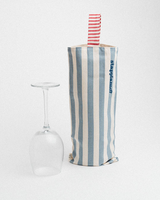 righe grandi azzurre - manico rosso - ricamo blu