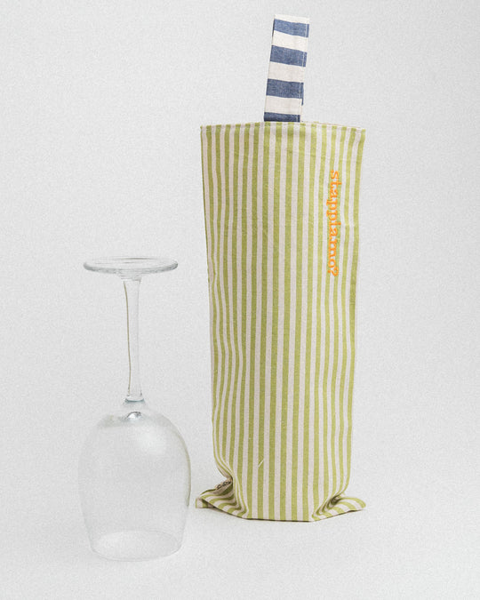 righe piccole verde chiaro - manico blu - ricamo giallo